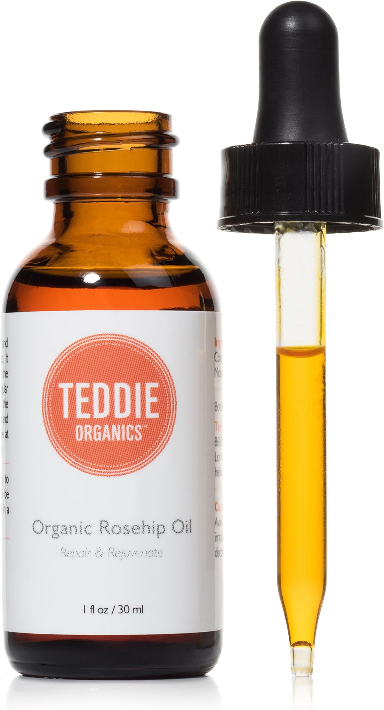 Teddie Organics Rosehip Seed Oil for Face, Hair and Skin 1oz, Pure Rose Hip Oil works as carrier and facial oil
