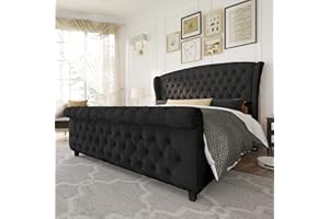 AMERLIFE King Size Platform Bed Frame, Velvet Upholstered Sleigh Bed with Scroll Wingback Headboard & Footboard/Button Tufted/No Box Spring Required/Easy Assembly/Black