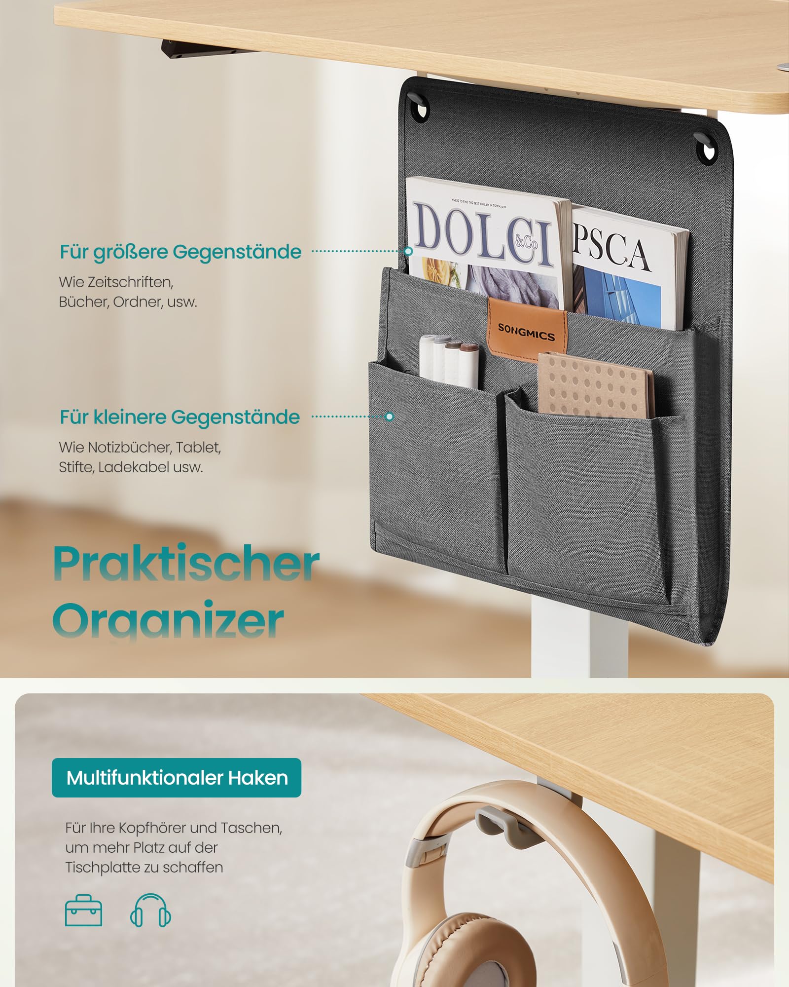 SONGMICS Höhenverstellbarer Schreibtisch elektrisch, 180 x 80 cm, Memory-Funktion mit 4 Höhen, USB-C-Anschluss, goldeichenfarben LSD138YA01 5