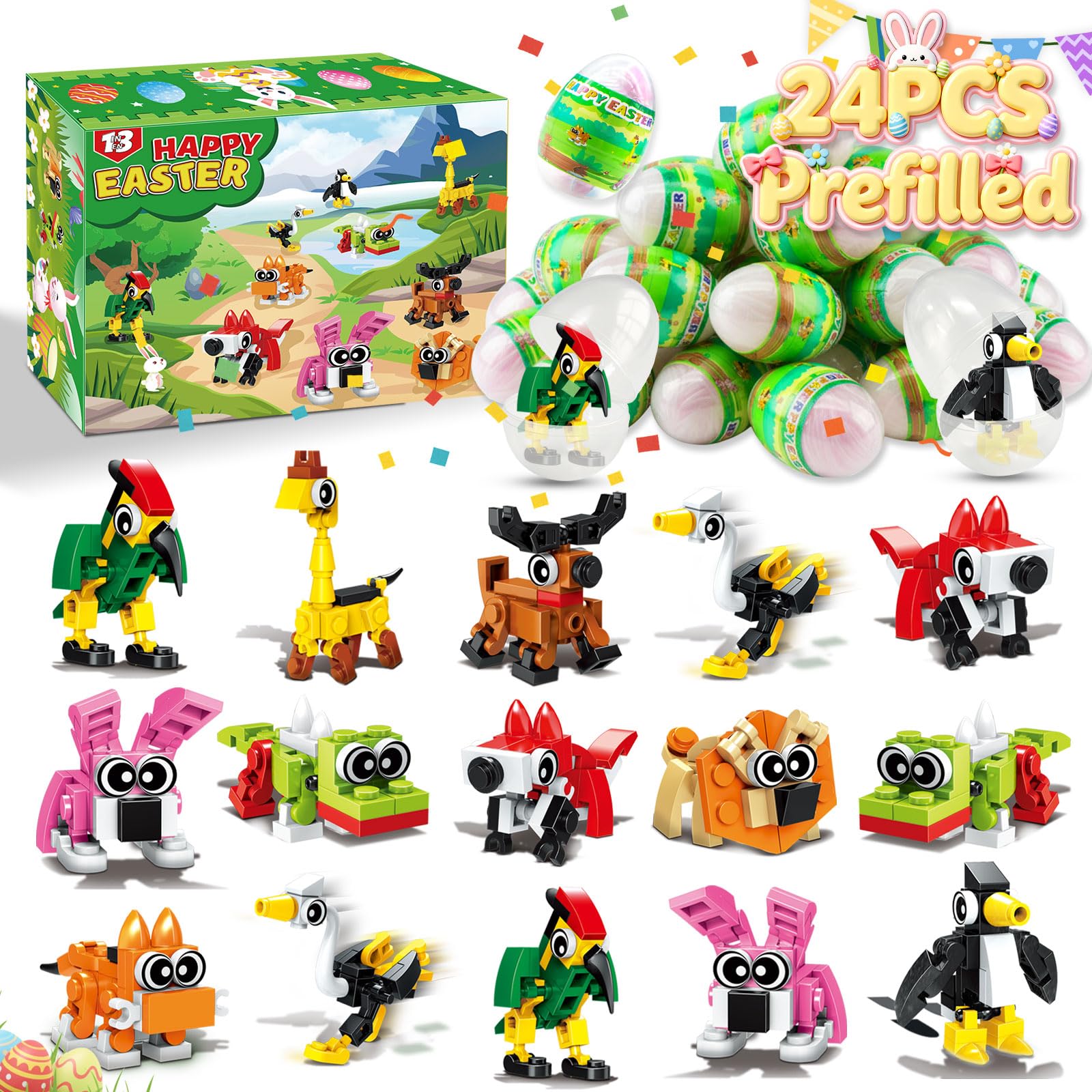 Olganicor 24 PCS Prefilled Easter Eggs with Toys Inside, 3 in 1 Forest Animal Building Blocks Basket Stuffer for Kids Hunt Games Goodie Bags Fillers, Classroom Prizes Carnival Reward