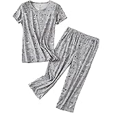 Inadays Womens Cotton Pajama Sets Short Sleeve Top With Capri Pants 2 piece sets for Women Summer Pajamas Lounge Set