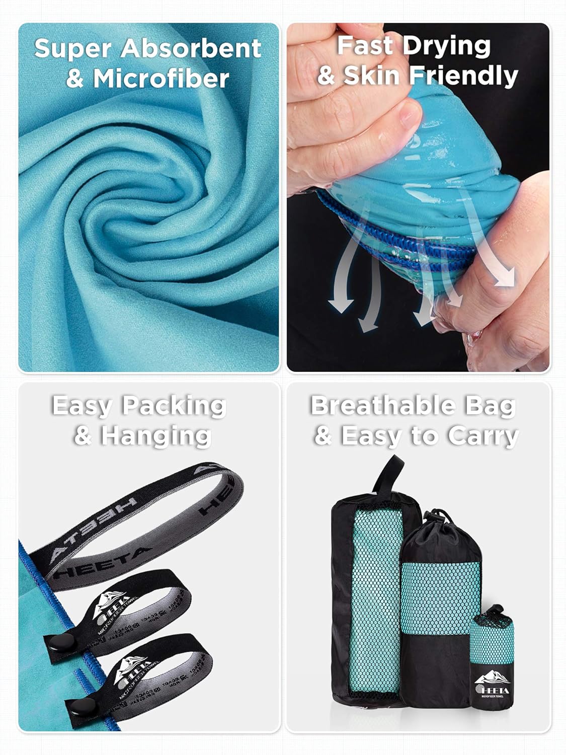 HEETA 3-Pack Fast Drying Microfiber Towels Quick Dry Towels Super Absorbent High Compact Towels for Beach, Hiking, Yoga, Swim, Camping, Gym, and Travel, 3 Size with Bag (Blue): Kitchen & Dining