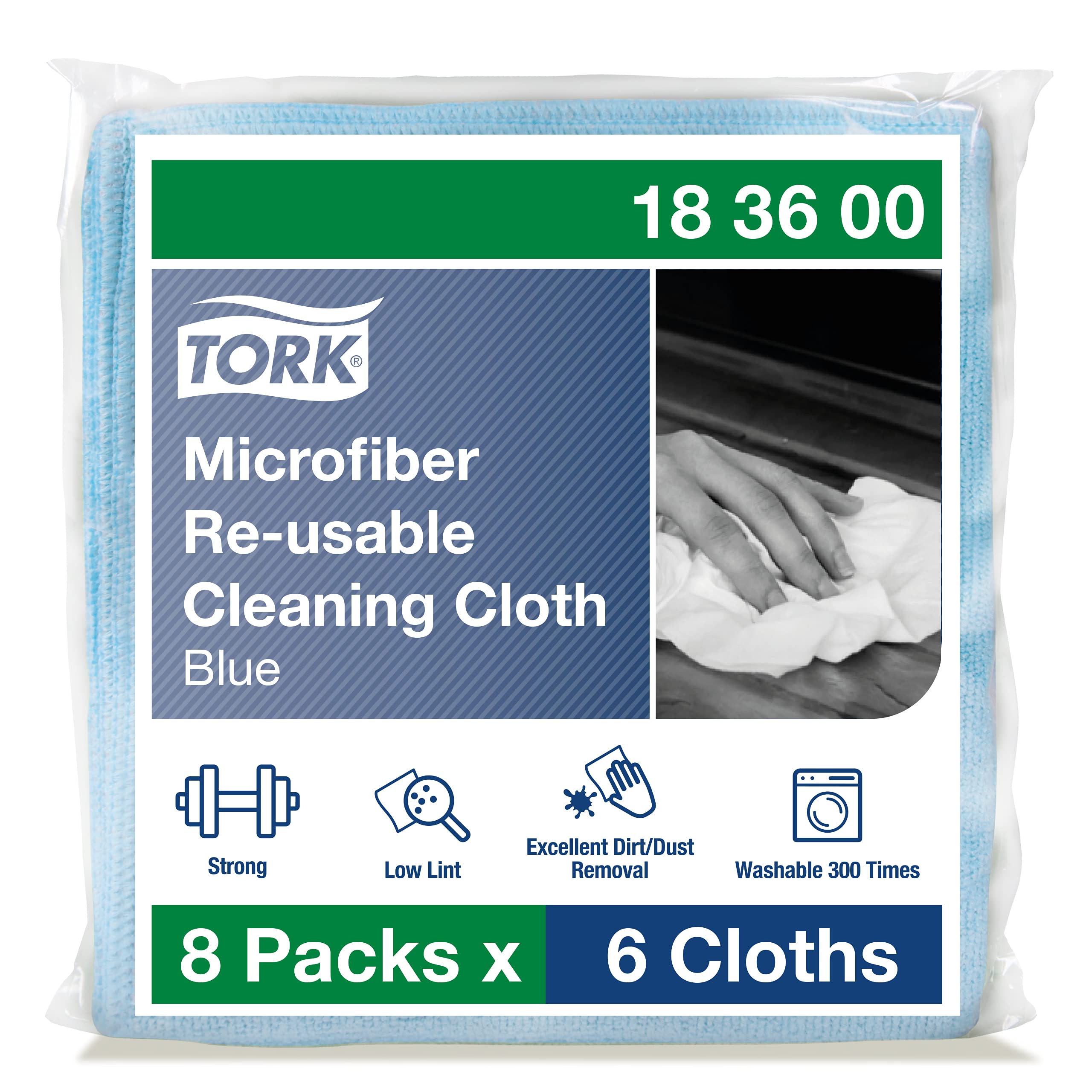 Tork Microfiber Reusable Cleaning Cloth Blue, Dry and Wet Use, 8 x 6 cloths, 183600
