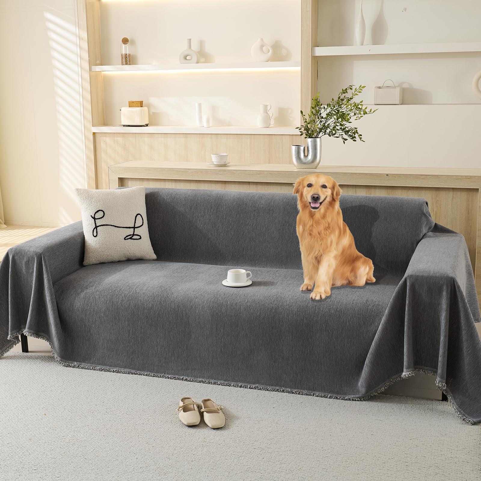 Photo 1 of 100% Waterproof Couch Cover Sofa Covers for Sectional Couches Reclining Armseat/Chair/Futon Sofa SlipCover for Dog Pet-Friendly Furniture Protector for Living Room with Tassel(71" x 51", Gray)