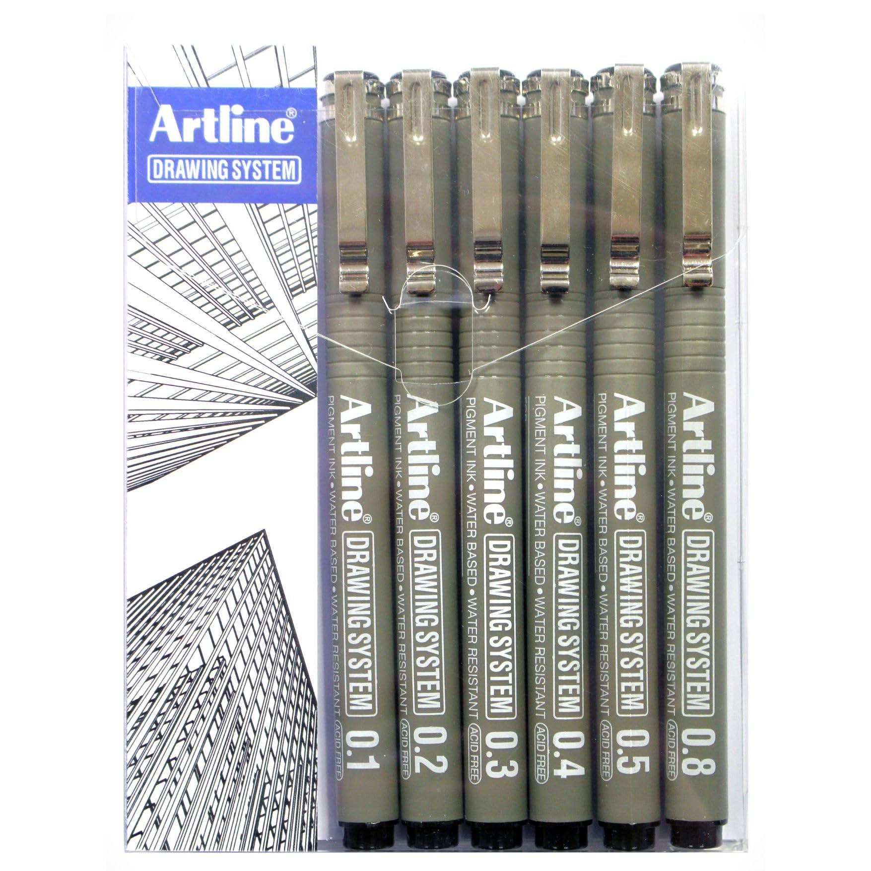Artline Drawing System Pens EK-230 - Black (Wallet of 6) 0.1mm/ 0.2mm/ 0.3mm/ 0.4mm/ 0.5mm/ 0.8mm, Drawing Pens, Artist pens for drawing, sketching, and illustration