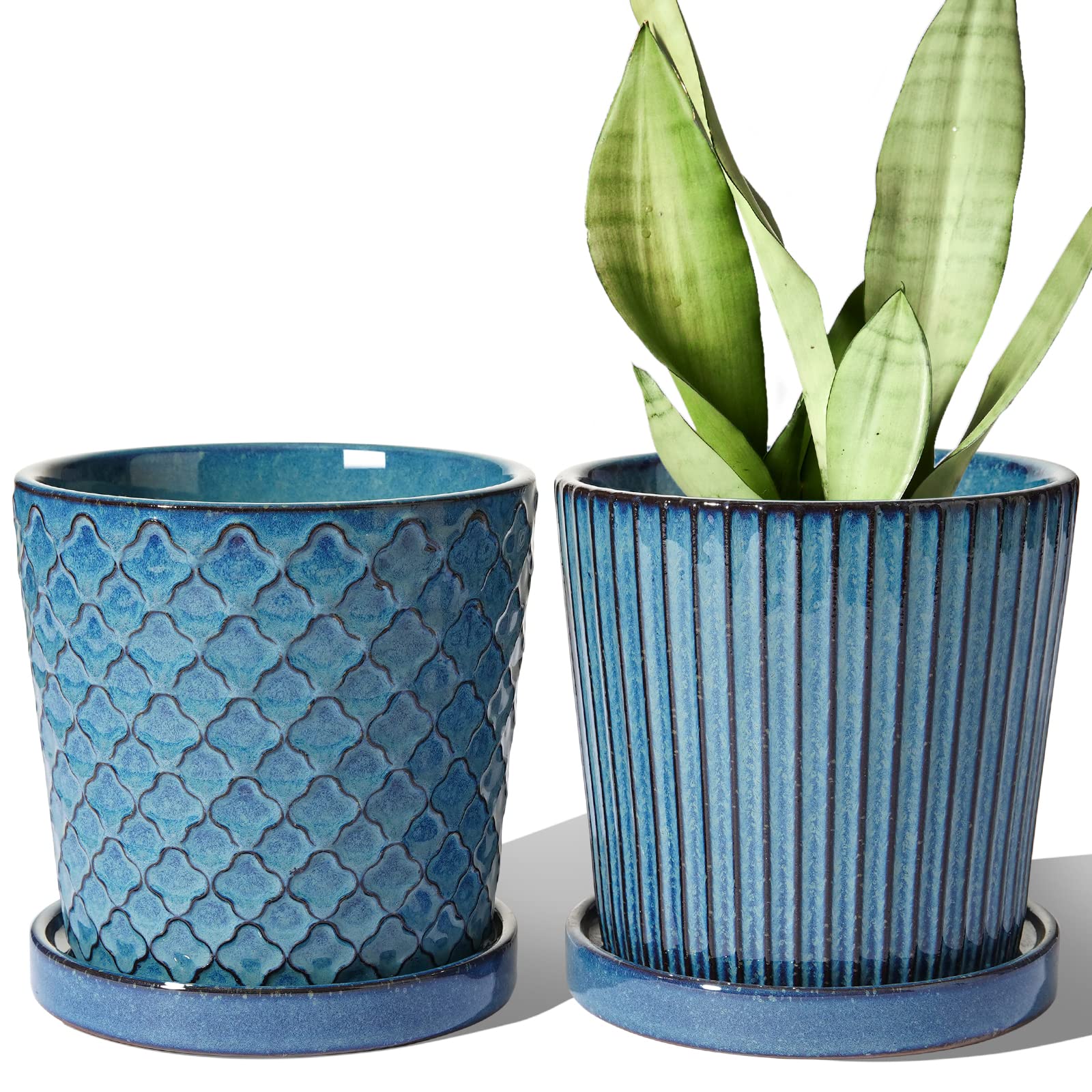 Photo 1 of LE TAUCI Ceramic Pots for Plants, 5.5 Inch Plant Pots with Drainage Hole and Saucer, Indoor Plant Pots for Succulent, Snake Plants and Cactus, Flower Pots, Set of 2, Reactive Glaze Blue