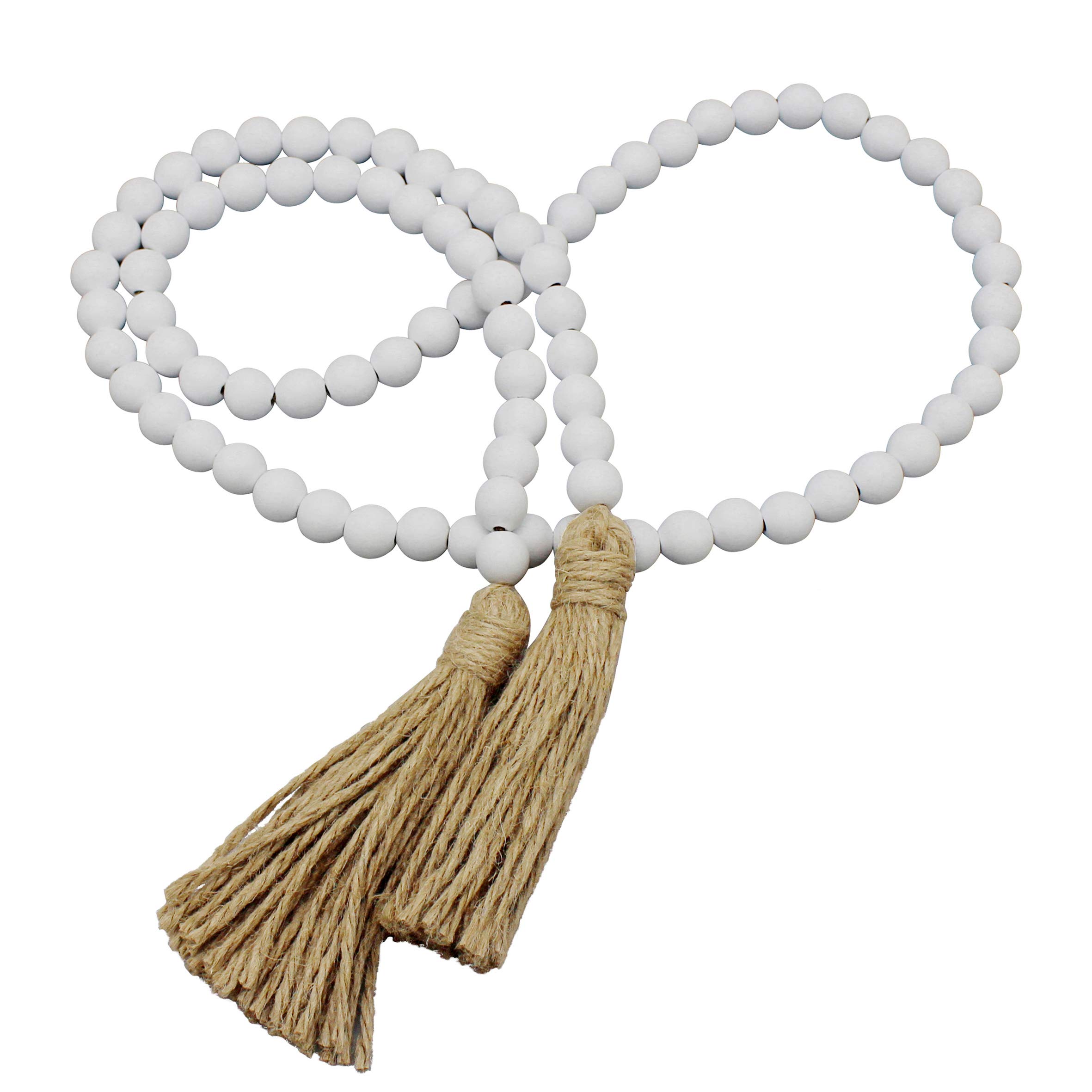 CVHOMEDECO. Wood Beads Garland with Tassels Farmhouse Rustic Wooden Prayer Bead String Wall Hanging Accent for Home Festival Decor. White