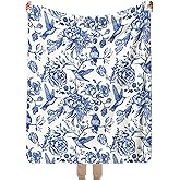 SPBL&L Vintage Blue and White Chinoiserie Floral Blanket, Grandmillennial Floral Bird Botanical Throw Blanket for Bed Couch Bedroom Living Room, Grandmillennial Home Decor, Chinoiserie Decor