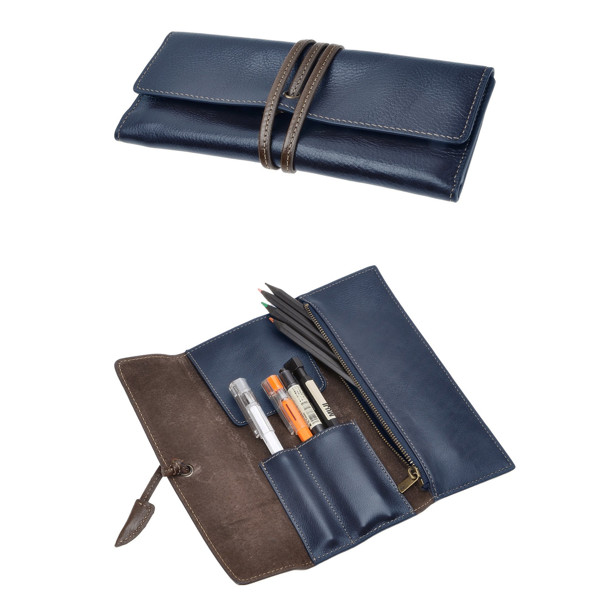 ZLYC Handmade Leather Pencil Case Soft Roll Bag Stationery Gift for Student, Blue, 3.3 x 0.4 x 7.8 inches