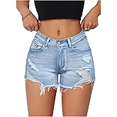 BEAUDRM Women's Ripped Distressed Denim Shorts Frayed Raw Hem Jean Shorts