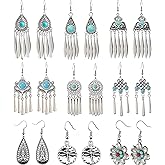 9 Pairs Turquoise Earrings Set Bohemian Vintage Dangle Earrings for Women Boho Waterdrop Retro Silver Metal Tassel Drop Earrings