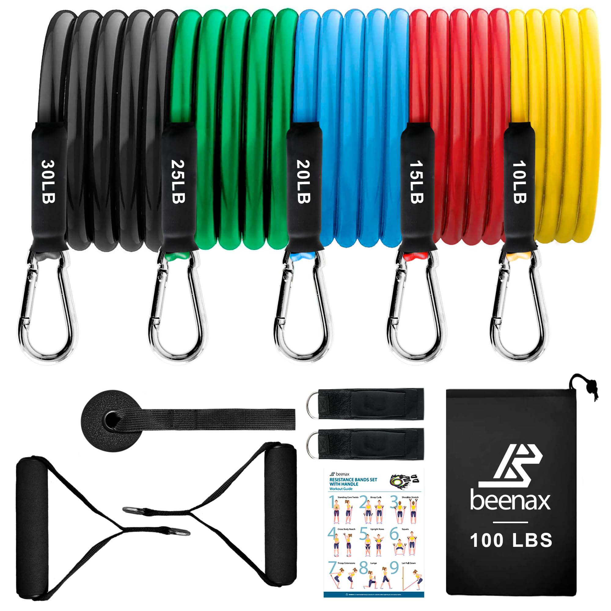 Beenax Resistance Bands Set with Handles - Heavy Duty 12pcs Exercise Bands, Up to 100/150/200/250 LBS - Fitness Training Tubes for Home, Gym, Physio - Handles, Ankle Straps, Door Anchor, Carry Bag