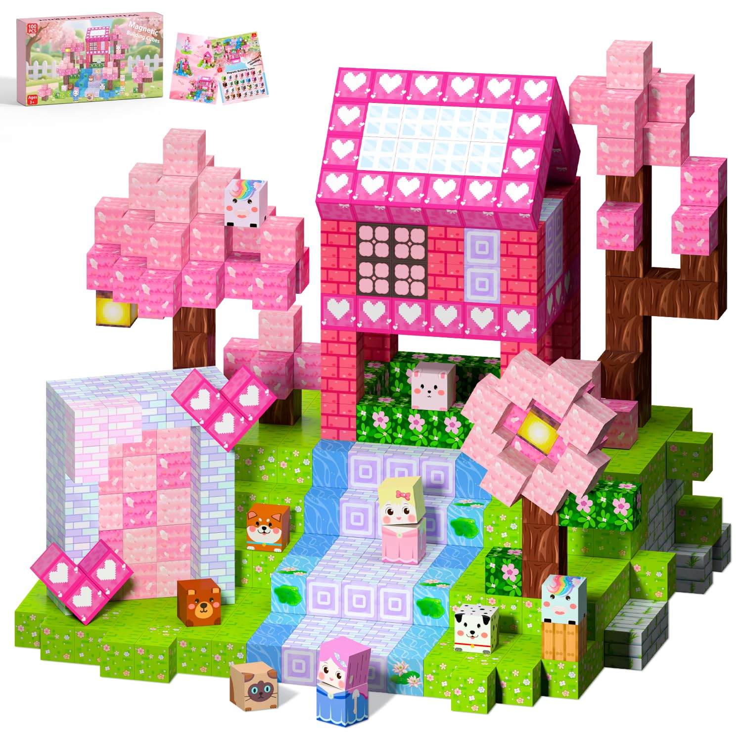 Winchoice 100PCS Magnetic Blocks Princess Building Toys for Girls 3+, Magnetic Cubes Sensory Gifts for Kids, Pink Magnet Blocks for Christmas Birthday, 1 Inch