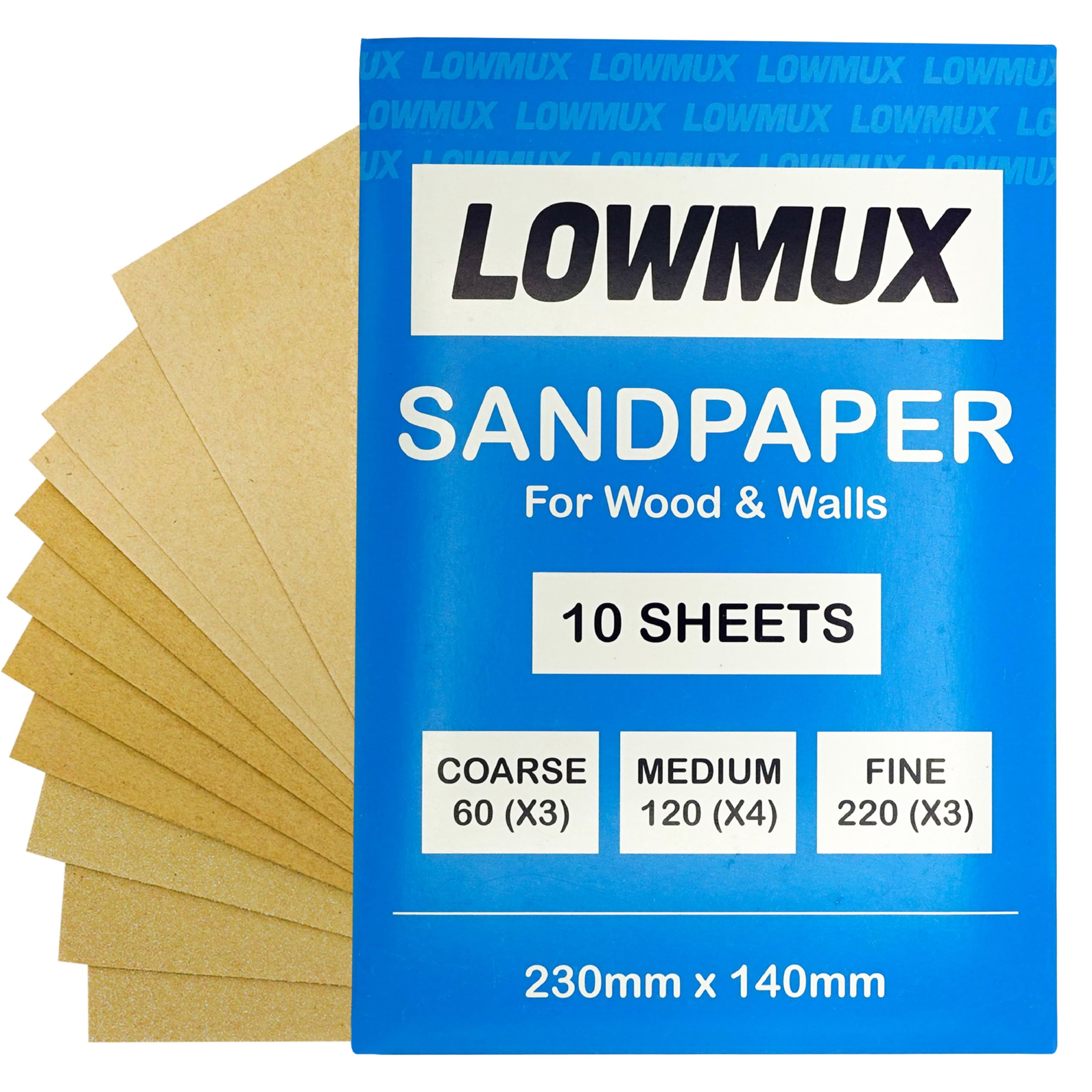 Pack of 10 Premium Assorted Sandpaper Sheets | Mixed Grit Sand Paper Set | 3 × P60 Coarse Grit | 4 × P120 Medium Grit | 3 × P220 Fine Grit | Perfect for Wood, Walls & DIY Projects