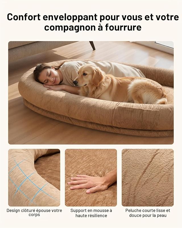 Lit pour Chien Humain 177x123x24 cm Panier Géant pour Chien en Mousse à Mémoire de Forme Orthopédique avec Poche Latérale, Poignée, Fermeture Éclair, Housse Amovible, Lavable en Machine, Marron