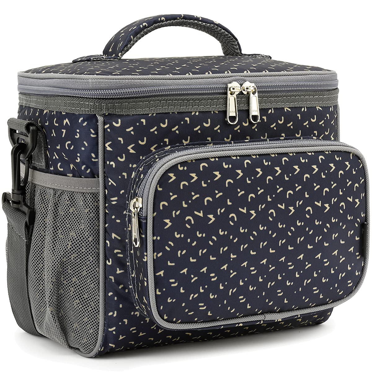 FlowFly insulated Reusable Lunch Bag Adult Large Lunch Box for Women and Men with Adjustable Shoulder Strap,Front Zipper Pocket and Dual Large Mesh Side Pockets, Alphabet