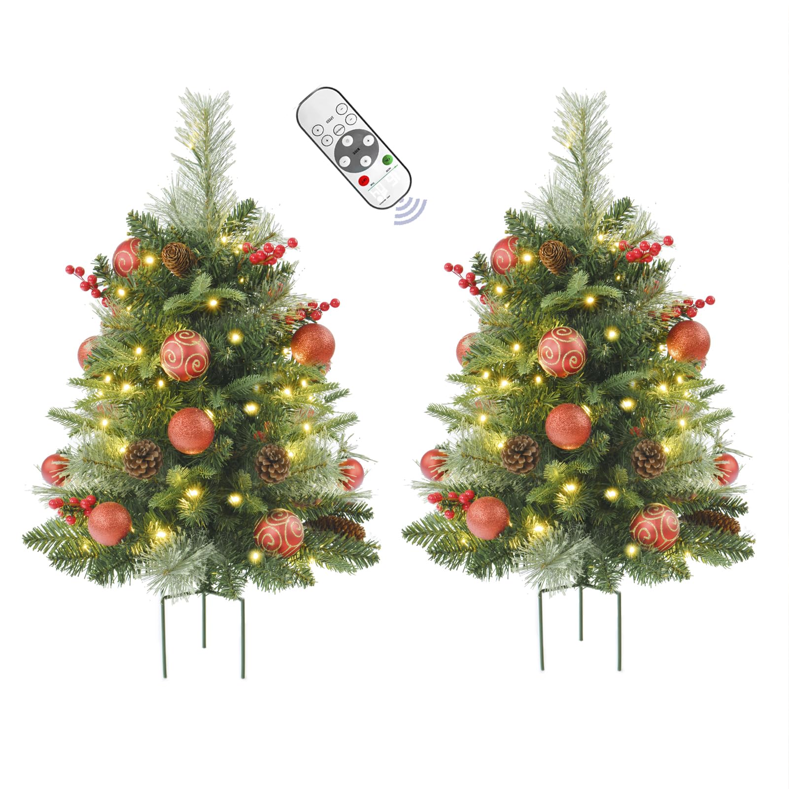 Photo 1 of 2 Pack Prelit Outdoor Christmas Tree 30 Inch, Remote Control Battery Operated with 100 Warm White Multi-Color Changing LED Lights, Small Pre-Decorated Green Xmas Tree for Pathway, Porch