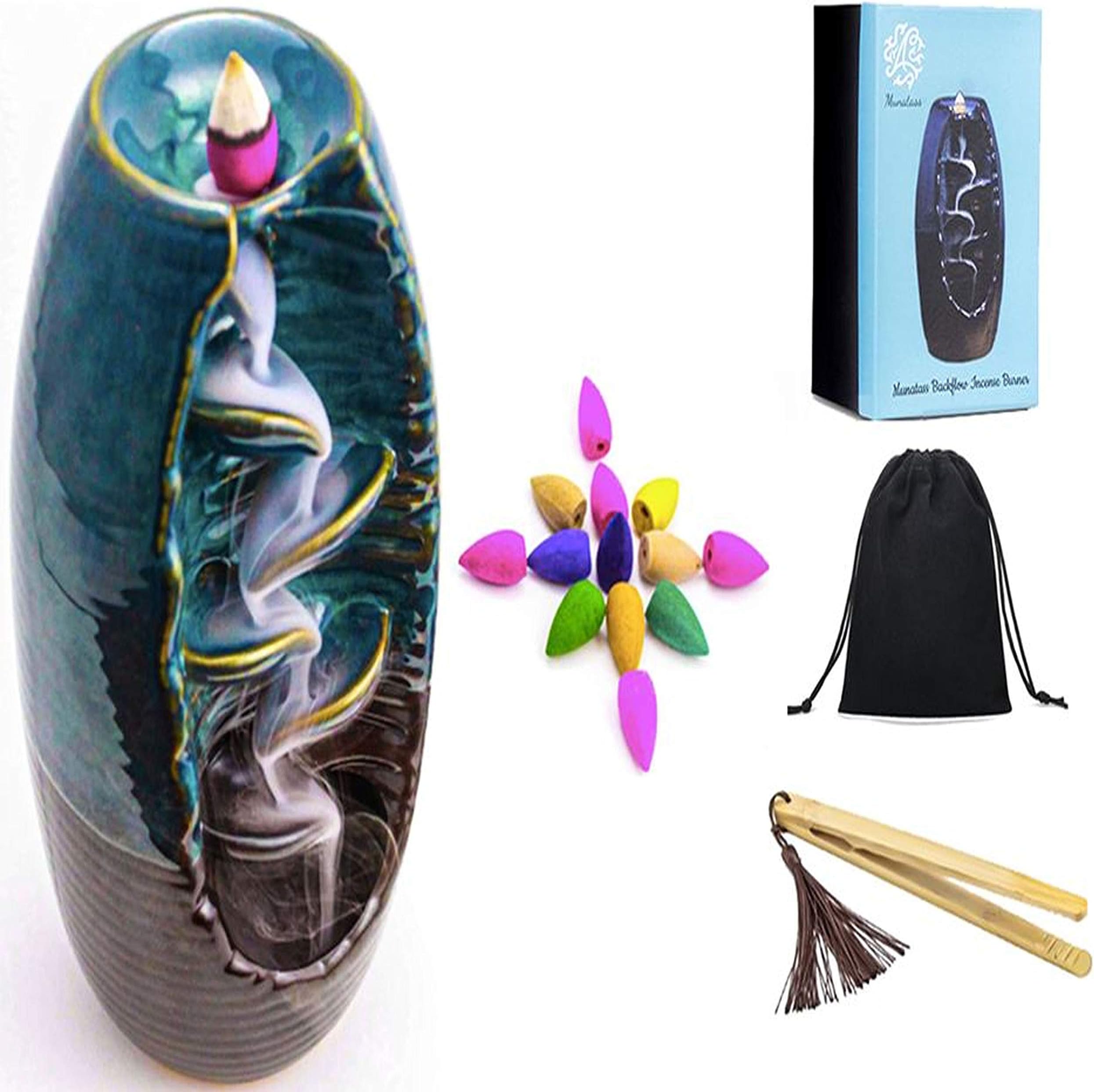 Ceramic Backflow Incense Holder +100 Free Incense Cones+Bamboo Tongs+Velvet Pouch-Handmade Waterfall Incense Burner Ornament Perfect for Aromatherapy, Home Decor, Yoga, Spa & Meditation