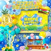 GAILROSO Sponge Birthday Decorations, Under the Sea Party Supplies | With Hamburger Balloons,Balloon Arch Kit,Backdrop Bubble Garland and Foam Flower for Mermaid Birthday,Baby Shark Decor