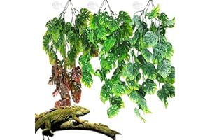 Hamiledyi Fake Plant Reptile Tank Hanging Plants with Suction Cup 3pcs Leaves Vines for Reptile Tank Bearded Dragons,Lizards,Geckos,Snake and Hermit Crab Tank Habitat Decorations 30 Inches Green