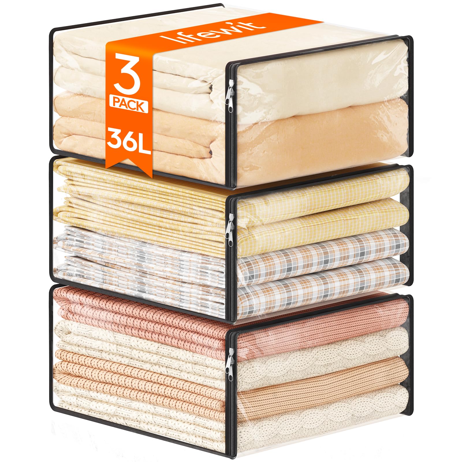 Photo 1 of Lifewit 36L Clear Sheet Storage Bags with Zipper 3 Pack, Plastic Sweater Storage Bins for Clothing, Vinyl Foldable Clothes Containers Organizers for Closet, Blankets, Bedding 17.7 x 15.7 x 7.9 Inch