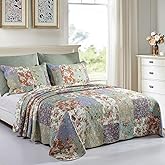 YAYIDAY Quilts Queen Size Patchwork Bedspread Set - 100% Cotton Reversible Breathable Floral Quilted Quilt with Pillow Shams Fit All Season