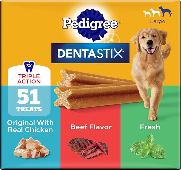 Pedigree Dentastix Large Breed Dog Dental Treats, Variety, 51 Count | Original, Beef & Fresh Flavors, triple action dental ca
