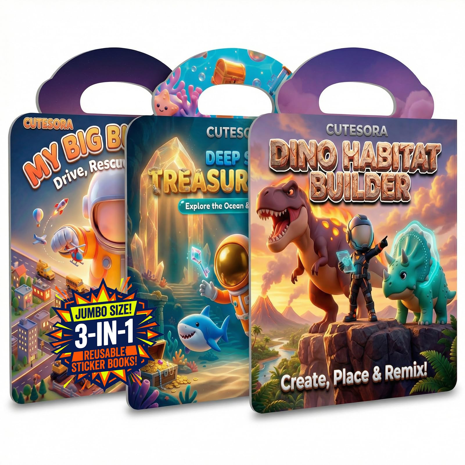 3 Sets Large Reusable Sticker Book for Toddlers 2-4 Years, Jelly Sticker Activity Books Kids 1-3, Dinosaur City Vehicles & Ocean, Waterproof Window Clings Boys & Girls