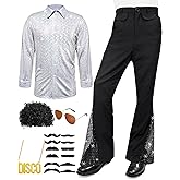 Mepase 6 Pcs Mens 70s Disco Outfits Retro New Year Eve Couples Halloween 80s Costume with Bell Bottom Pants