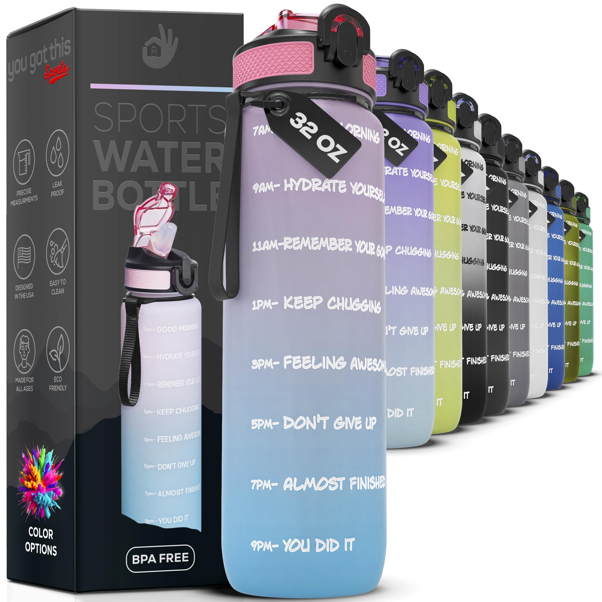 Photo 1 of YOU GOT THIS LIVING Motivational Water Bottle with Time Marker, 32 oz Water Bottle, Sports Water Bottle with Spout, Achieve All-Day Hydration SpillProof, BPA FREE