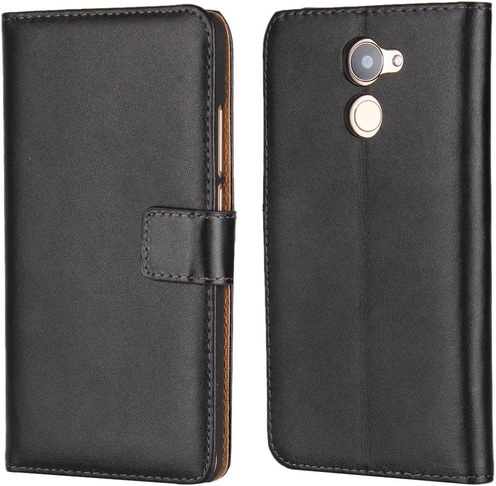 Copmob Huawei Y7 Prime Leather Case,Huawei Enjoy 7 Plus/Y7 2017 Flip Case, Genuine Leather Case Wallet Case with [Card Slots/Card Holder] [Magnetic Closure] Kickstand Function Book Cover - Black