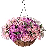 Ammyoo Artificial Flower in Hanging Basket Outdoor Indoor Decoration,Coconut Lining Flowerpot with Faux Plant,Daisy with Eucalyptus Leaves Arrangement for Home Spring Summer Decor(Pink White Purple)