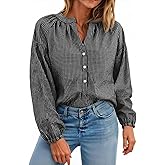 Cicy Bell Womens Puff Long Sleeve Blouse Gingham Pleated V Neck Button Down Shirts Loose Fit Dressy Casual Fall Tops