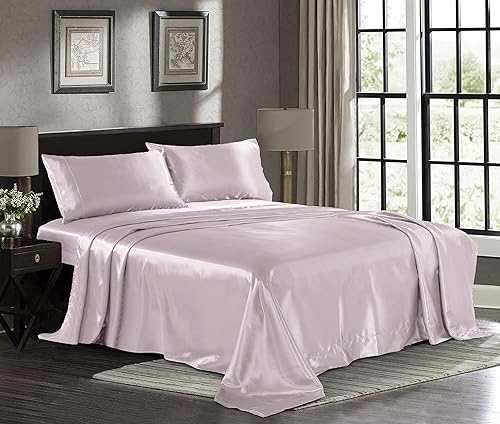 Pure Bedding Satin Sheets Queen [4-Piece, Champagne Pink] Hotel Luxury Silky Bed Sheets - Extra Soft 1800 Microfiber Sheet Set, Wrinkle, Fade, Deep Pocket Fitted Sheet, Flat Sheet, Pillow Cases