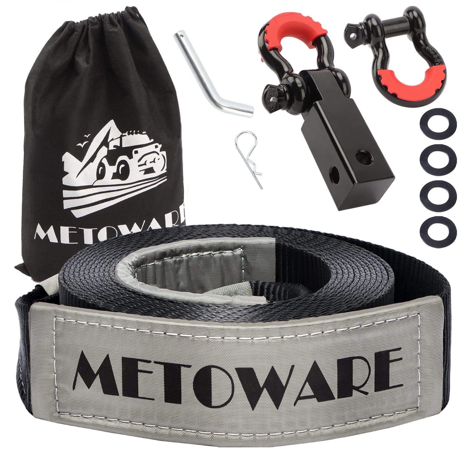 METOWARE Tow Strap Recovery Kit, 3" x 20ft (35,000lbs) Capacity Recovery Strap, 3/4" D Ring Shackles(2pcs) + 2" Shackle Hitch Receiver + 5/8" Hitch Pin + Storage Bag, Emergency Off Road Towing Rope Image