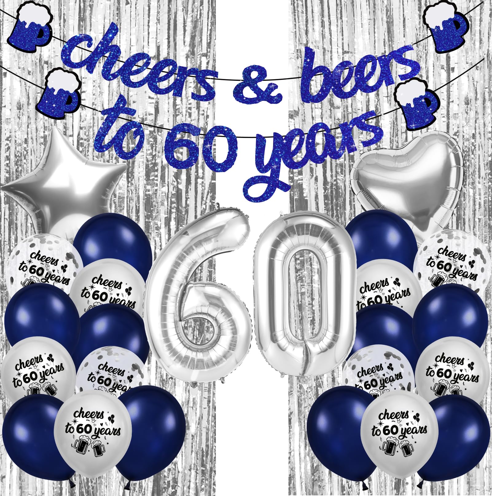 Photo 1 of 60th Birthday Decorations for Men Happy 60th Birthday Banner Navy Blue Silver 60th Birthday Party Supplies Cheer to 60 Years Banner Balloons for Women Happy 60th Birthday Door Banner Sign Decorations
