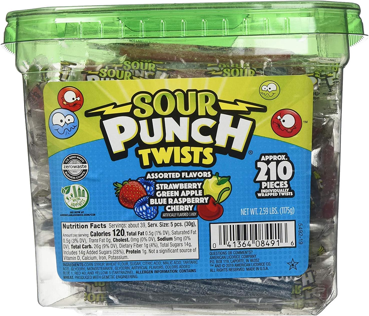 Sour Punch Sour Punch Twists, 3" Individually Wrapped Chewy Candy, 4 Fruity Flavors, 2.59 LB Jar, 210 Count - PACK OF 4