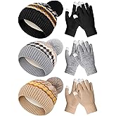 JaGely 6 Pcs Women Winter Beanie Hat Gloves Set Warm Knitted Hats and Touchscreen Gloves Lady Cold Winter Gifts for Christmas