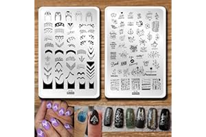 MEZERDOO 2pcs French Nail Stamper Plate Kit English Letter Flowers Nail Stamping Plates Star Heart Nail Art Plates Rectangle Nail Stencil Heel Bow Lollipop Pattern Manicure Template 9.5x14.5cm Nail Stamp Tools