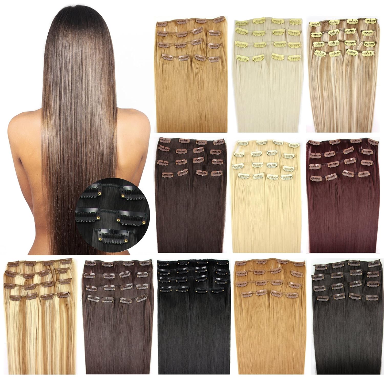 OUBO Clip in Extensions Haarteile für eine komplette ganzen Kopf OUBO Clip in Extensions Haarteile für eine komplette ganzen Kopf Haarverlängerung Haarverdichtung glatt 135g 145g hochwertiges dickes Haar 7 Tressen 16
