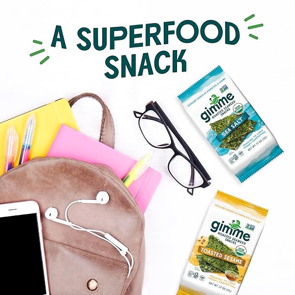 GIMME SEAWEED ORGANIC PREMIUM ROASTED SEAWEED SNACKS, TOASTED SESAME, 12 COUNT SHARING SIZE, KETO, VEGAN, GLUTEN-FREE, GREAT SOURCE OF OMEGA3S AND IODINE, HEALTHY ON-THE-GO SNACK FOR KIDS AND ADULTS