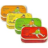 Pinhais Sardines Variety Pack – 4.4 oz Cans – 4 Flavors: Olive Oil, 1 Regular & 1 Spicy, Tomato Sauce – 1 Regular & 1 Spicy Wild-Caught Portuguese Canned Fish (Total Count of 4)