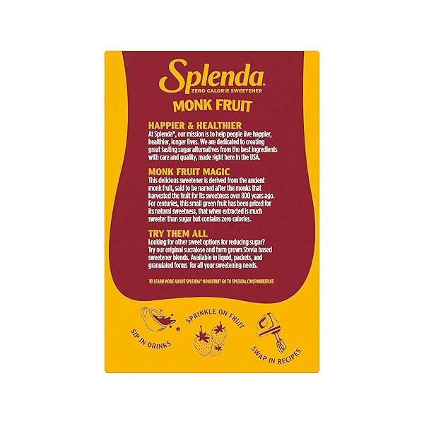 SPLENDA MONK FRUIT ZERO CALORIE PLANT BASED SWEETENER, NO ERYTHRITOL, KETO SUGAR SUBSTITUTE (80 COUNT)