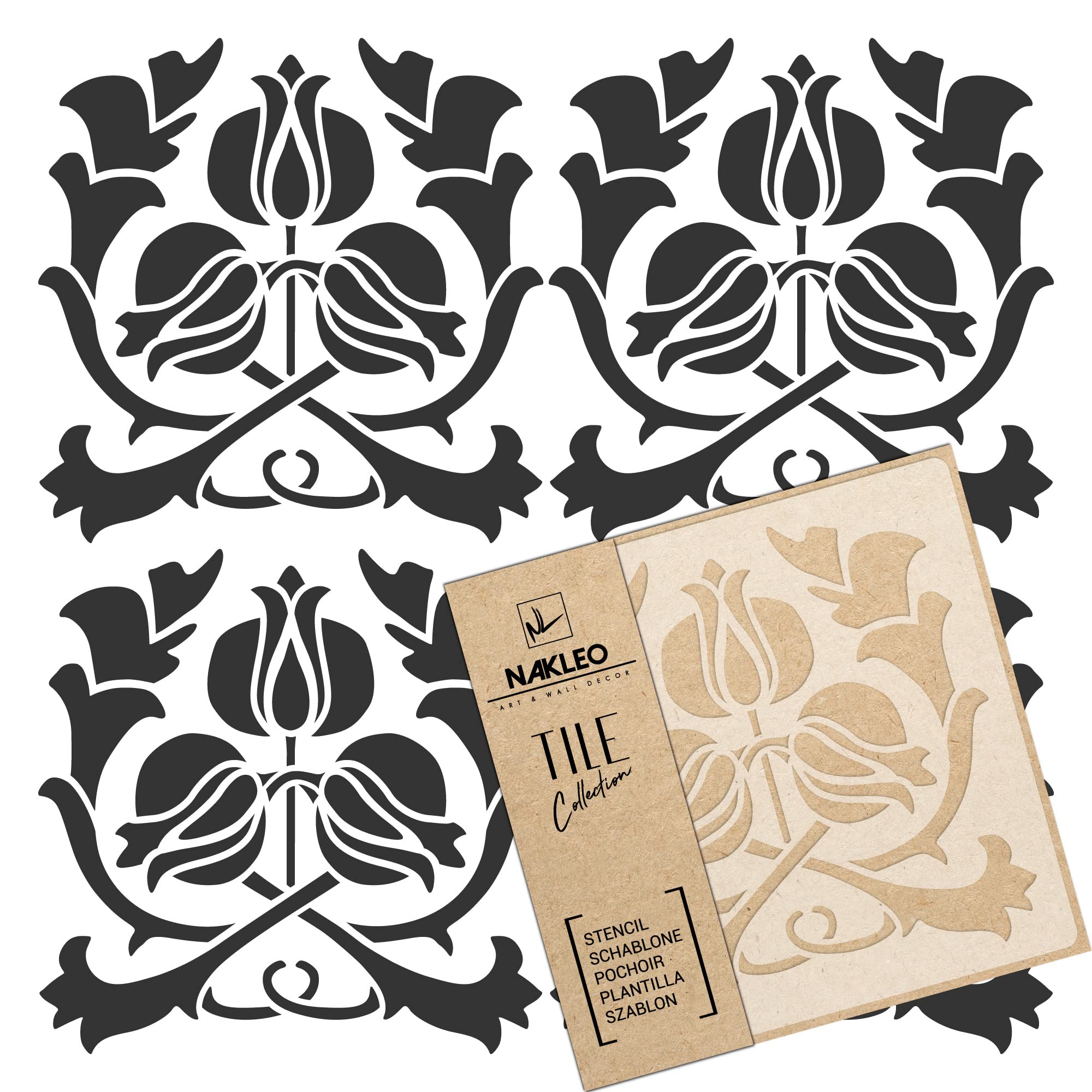 NAKLEO Tile Painting Stencil 25x25 cm, Art Nouveau Deco Flower Geometric, Plastic Reusable Template, Home Decor Craft DIY, Floor Concrete Patio Wall - Terracotta