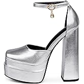 MERUMOTE Womens Sexy High Heels Platforms Pumps Square Toe Chunky Block Heels Rhinestone Party Shoes Silver PU US7