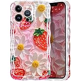 Lovmooful Compatible for iPhone 13 Pro Max Case Cute Colorful Retro Oil Painting Flower Floral with Laser Glossy Curly Wave for Girls Women Soft TPU Shockproof Protective Girly-Strawberry