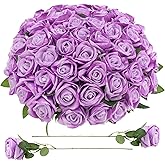 Ovveroche 90 Pcs Purple Velvet Rose Artificial Flowers with Long Stems, Fake Silk Roses Real Touch Fake Roses Florals for Birthday Wedding Bouquet Party Arrangement Decorations