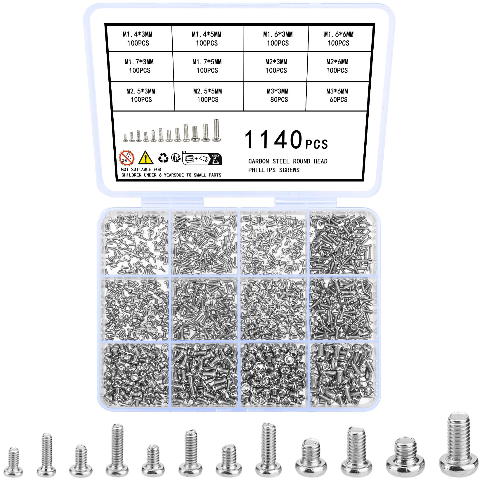 woshilaoDS 1140 Pcs Micro Repair Tiny Small Screws Set, Pan Head Round Head Mini Machine Screws Kit for Sunglasses Computer Electronic, M1.4 M1.6 M1.7 M2 M2.5 M3