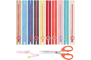 Swpeet 12Pcs 10 Inch Mixed 10 Colors Nylon Resin Zippers with Lifting Ring Pull, Scissors, Soft Tape Measure Assortment Kit, 