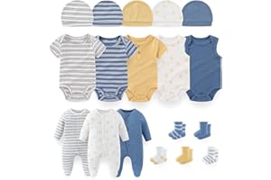falianni Baby Boy Girl Layette Set 18 Piece Infant Essentials Must Haves Clothes 0-9 Month Rompers+Bodysuits+Hats+Socks